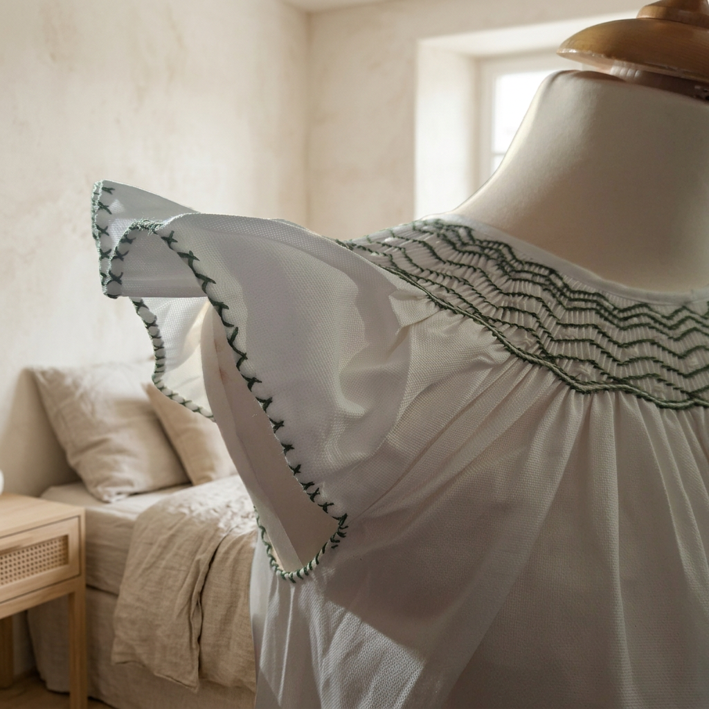 Détail de la manche volantée de la robe blanche et de sa bordure surpiquée contrastée.