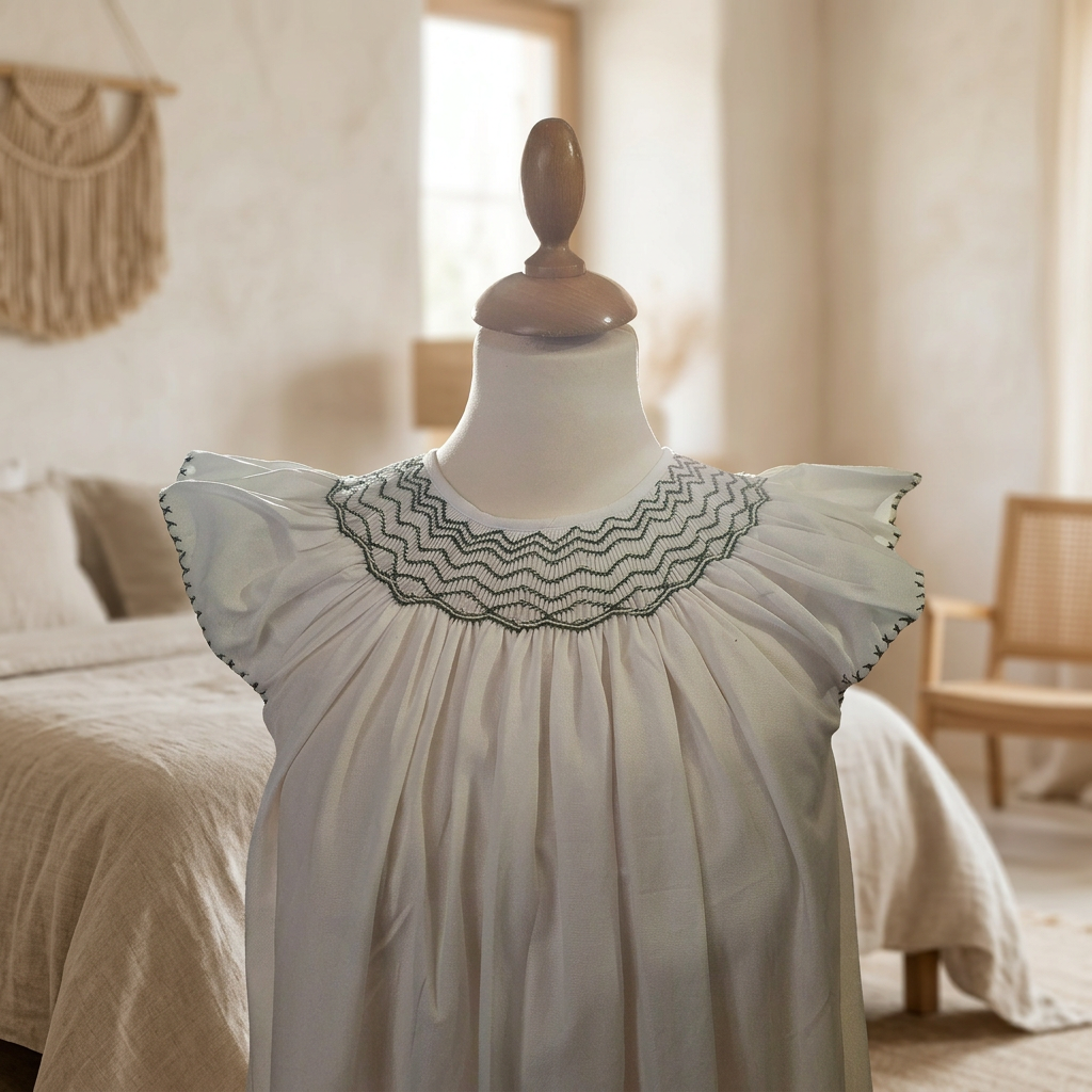 Gros plan de l’encolure ronde de la robe blanche et de ses smocks en zigzag contrastés.