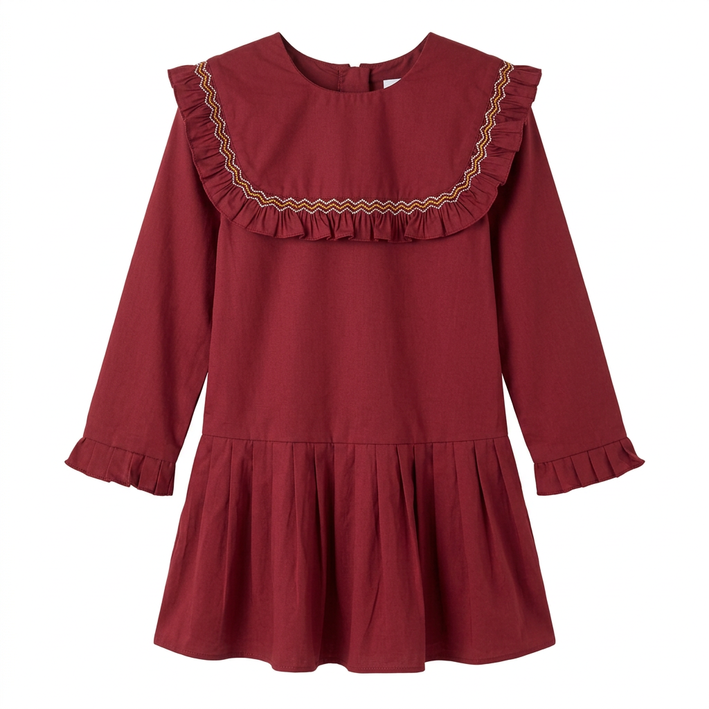 Robe fille à plastron smocké, couleur rouille.