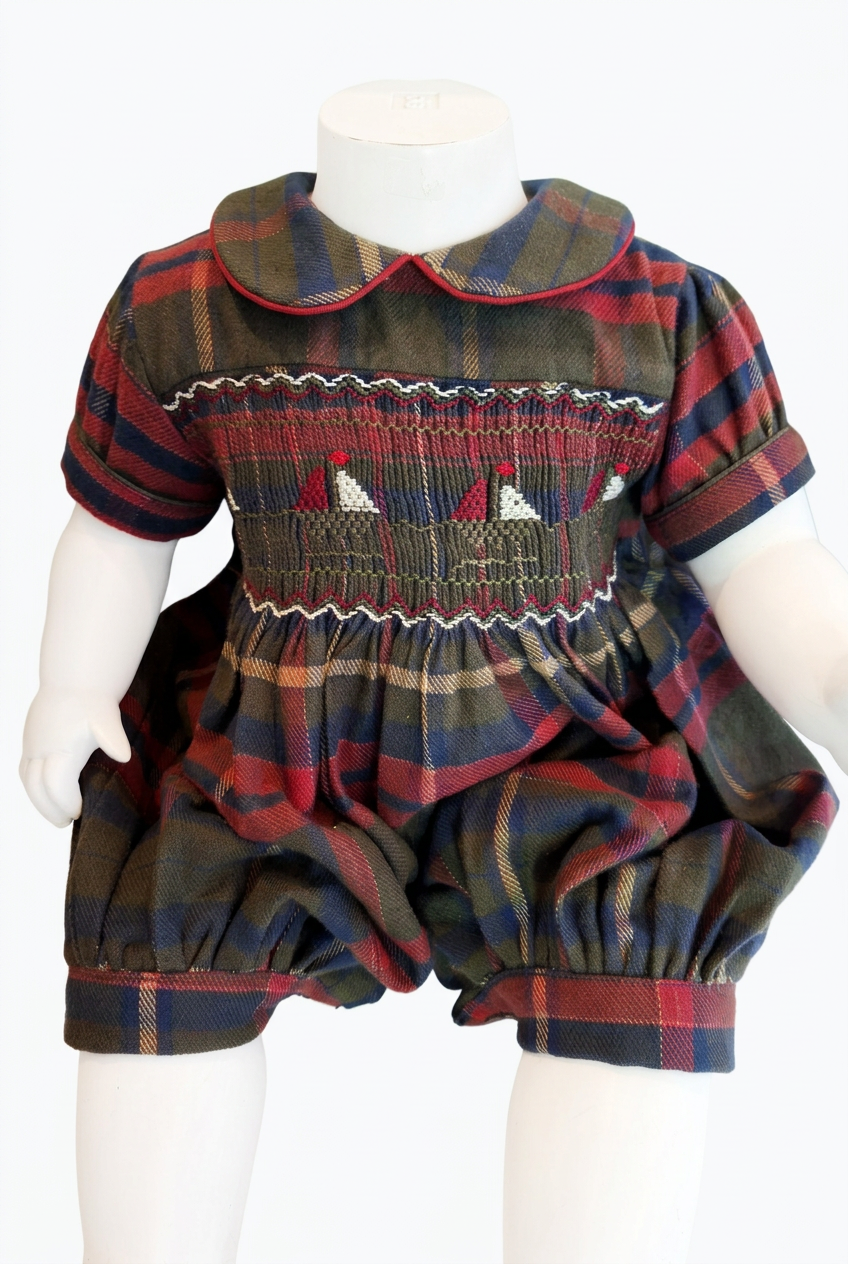 Barboteuse bébé mixte en tartan, motif petits bateaux