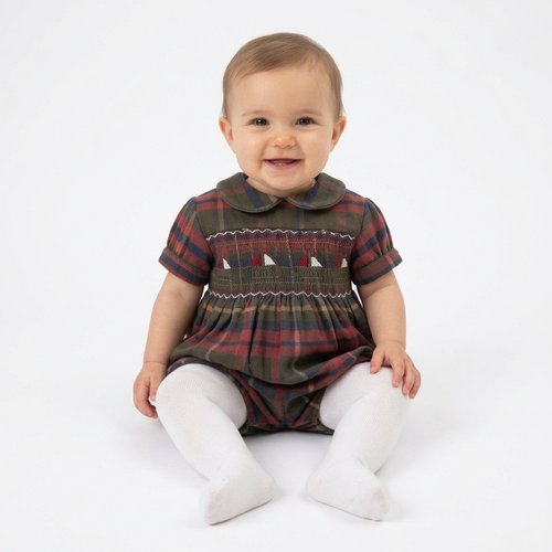 Barboteuse bébé mixte en tartan, motif petits bateaux