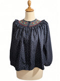 Chemisier femme bleu marine à pois blanc
