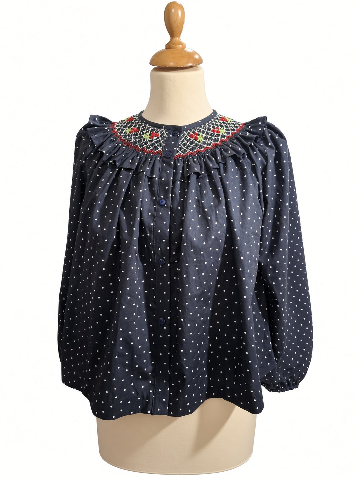 Chemisier femme bleu marine à pois blanc