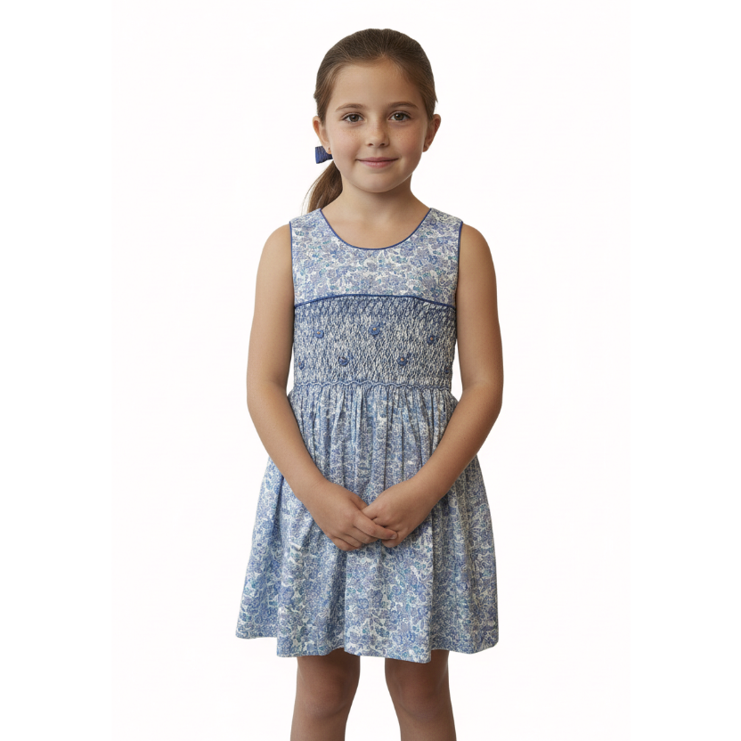 Robe à smocks bleu fleuri Liberty Esterina