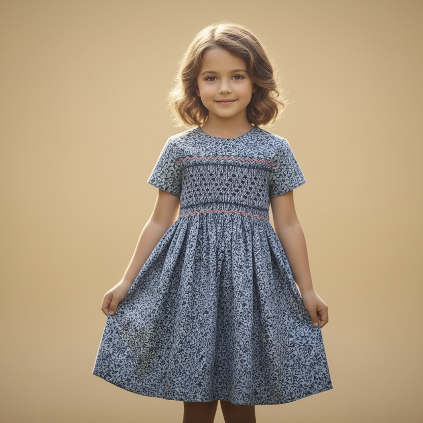 Robe Duchesse. Robe à smocks Duchesse gris avec détails brodés gris & rouge