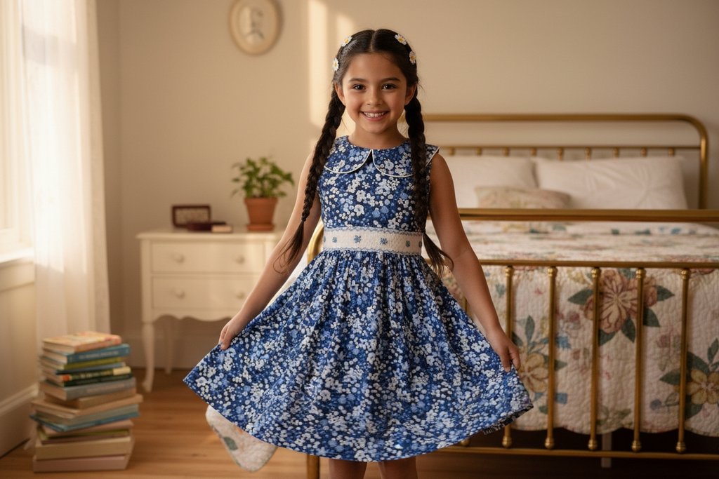 Robe à smocks imprimée floral bleu. Robe chic avec grand col.
