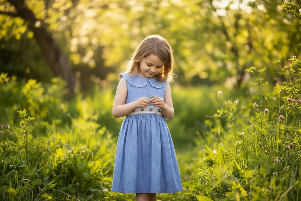 Robe smockée à pois bleus