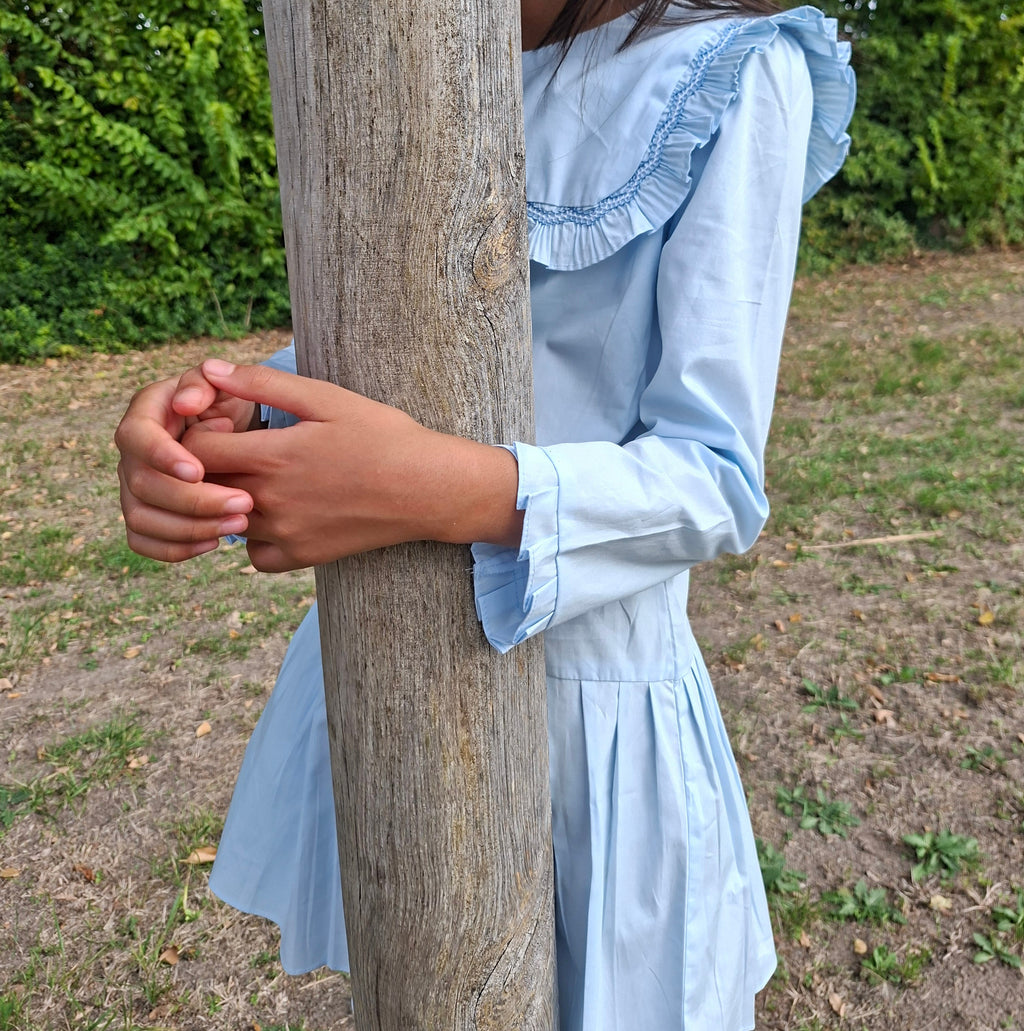 en PRE-COMMANDE. Robe bleu clair avec plastron smockée.