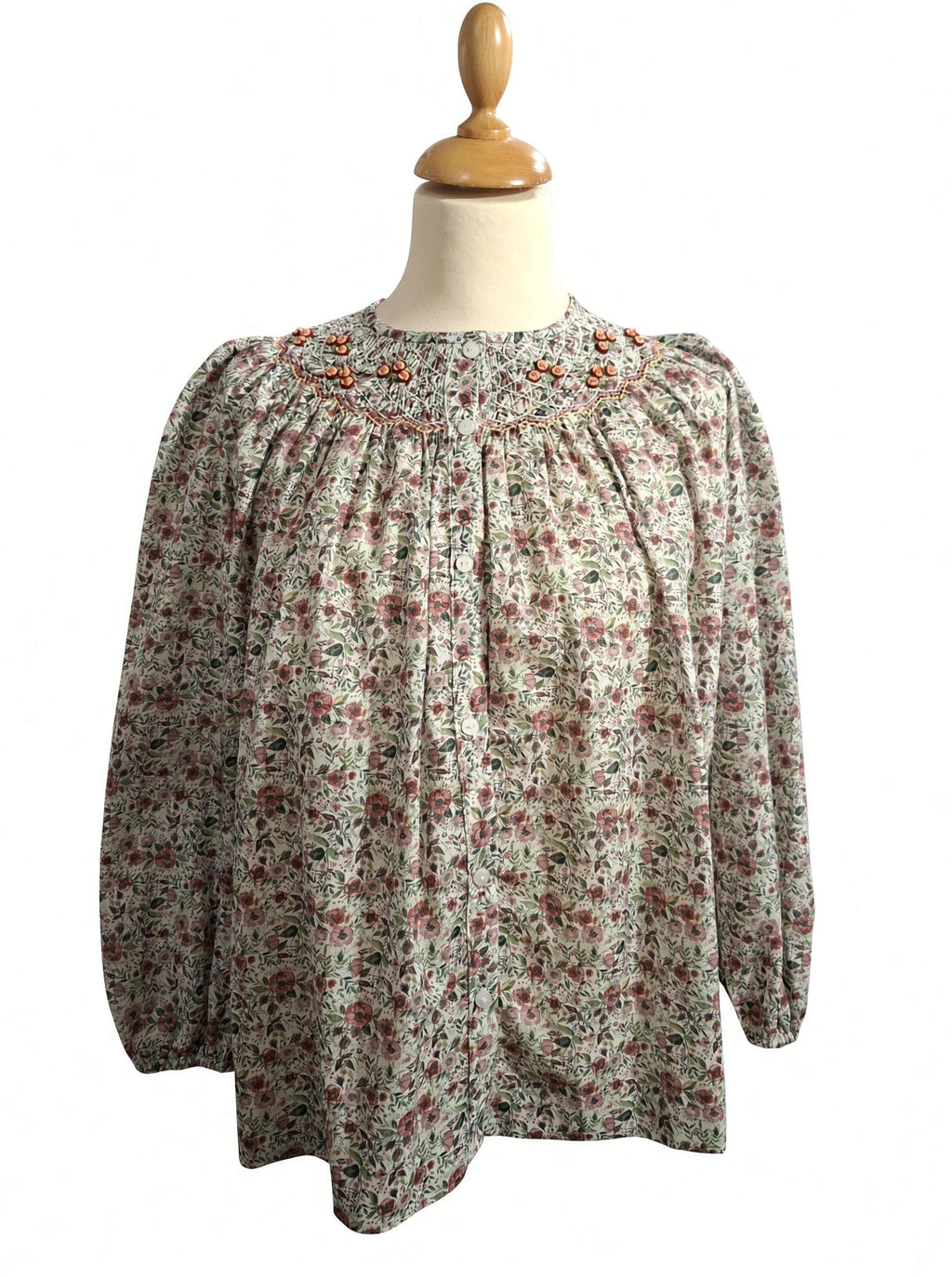 Chemisier femme fleuri à smocks faits main. Taille M